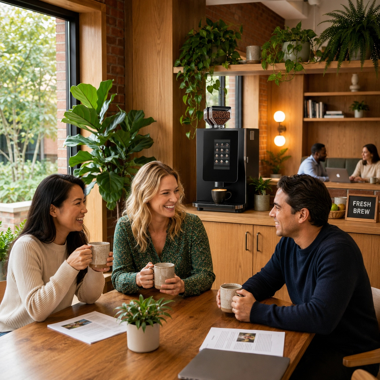 Orange County office breakroom with employees enjoying premium coffee service