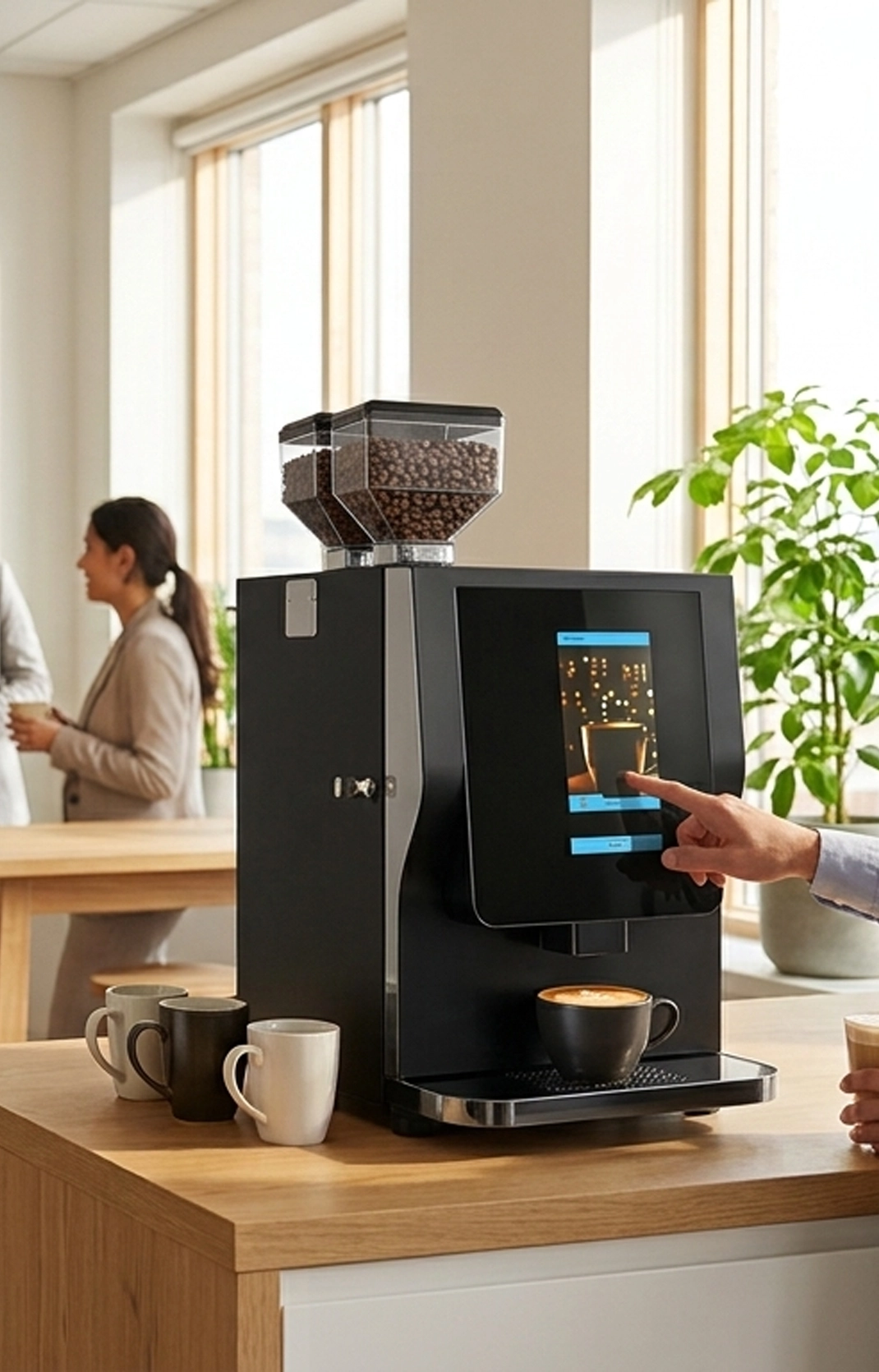 Fresh espresso drink served at the push of a button from the Revolution Touch super automatic espresso machine in a professional office breakroom
